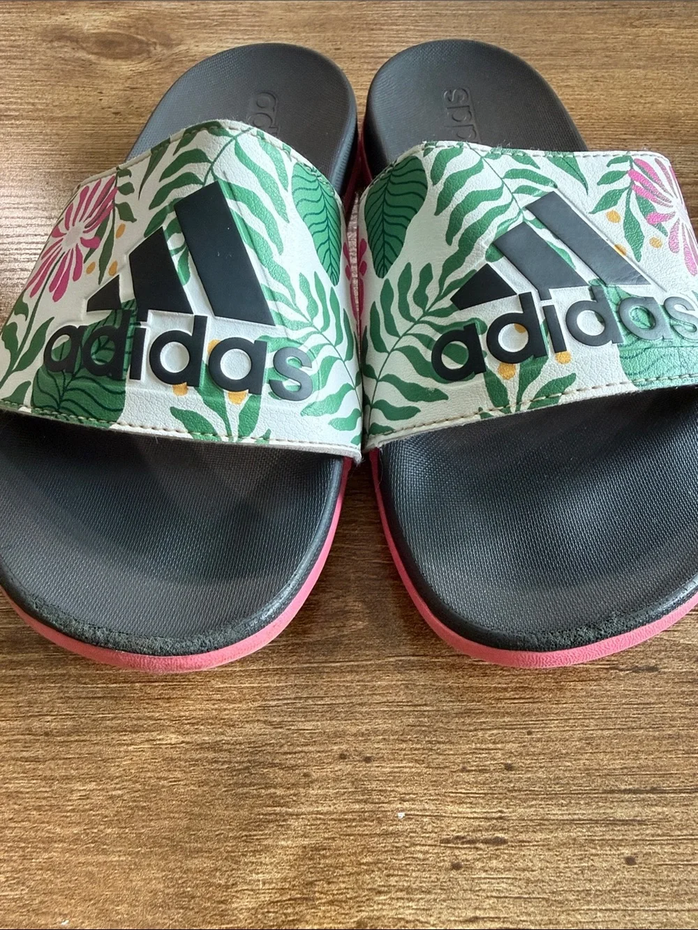 adidas Kids Floral Green and Pink Slide Sandals